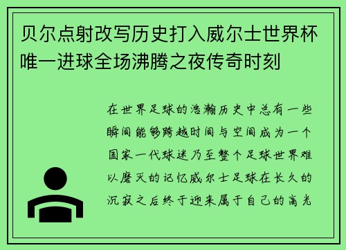 贝尔点射改写历史打入威尔士世界杯唯一进球全场沸腾之夜传奇时刻