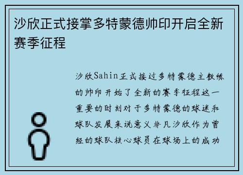 沙欣正式接掌多特蒙德帅印开启全新赛季征程